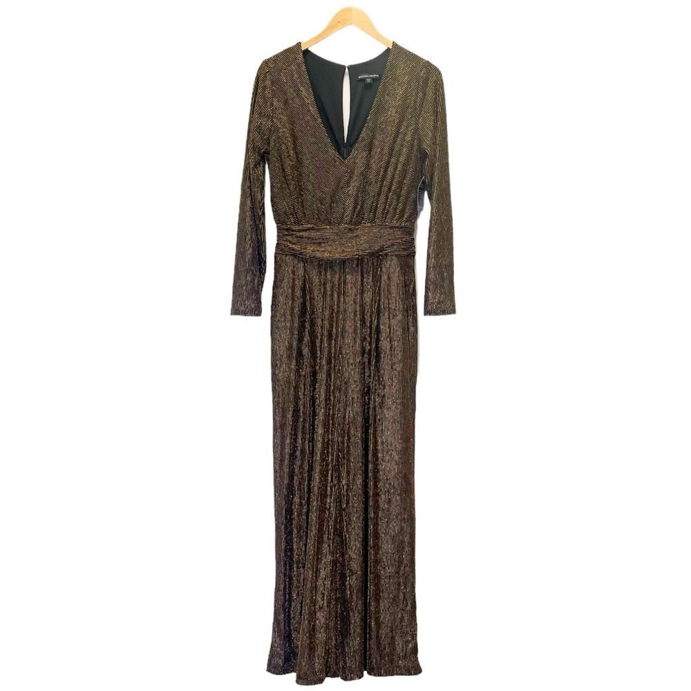 NWT Boston Proper Metallic Jumpsuit Medium Black Gold Wide Leg V Neck Party - Picture 4 of 16